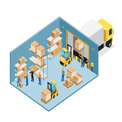 Warehouse inside isometric composition including manager and workers, forklifts, shelves with goods, unloading cargo vector illustration